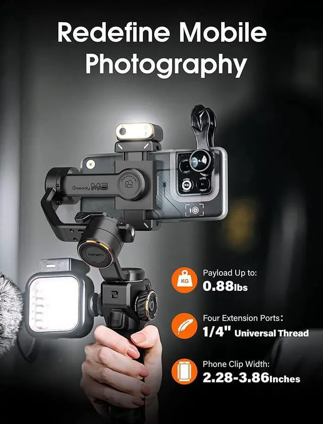 Alt view image 5 of 7 - hohem iSteady M6 Kit Gimbal Stabilizer for Smartphone, 2023 Upgraded 3-Axis Phone Gimbal, AI Tracker w/CCT/RGB Fill Light, Gimbal for iPhone 14 Pro Max & Android, Phone Stabilizer for Video Recording