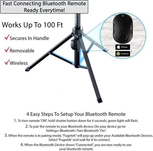 Alt view image 4 of 7 - Fugetek 51" Professional Selfie Stick Tripod, 100% All Aluminum Stick & Legs, Lightweight, Detachable Bluetooth Remote, Portable All in One, Compatible with iPhone & Android, Non Skid Feet, Black