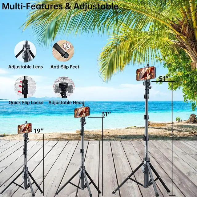 Alt view image 5 of 7 - Fugetek 51" Professional Selfie Stick Tripod, 100% All Aluminum Stick & Legs, Lightweight, Detachable Bluetooth Remote, Portable All in One, Compatible with iPhone & Android, Non Skid Feet, Black
