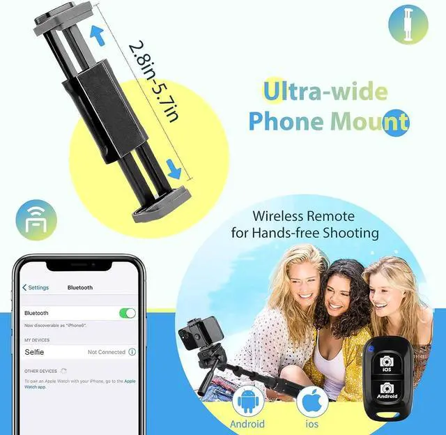 Alt view image 5 of 6 - Aureday 67 Phone Tripod, Detachable and Extendable Selfie Stick Tripod for iPhone/Android Smartphone/Camera/GoPro, Portable Cell Phone Tripod with 360-Degree Rotatable Pan Head