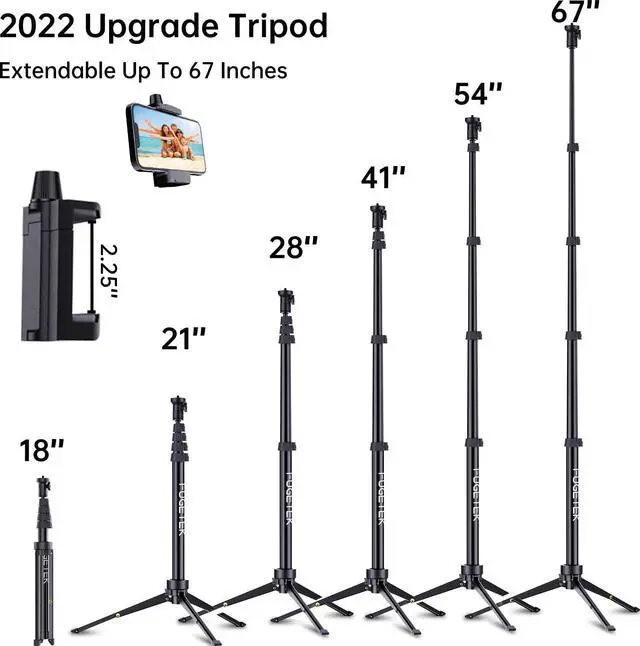 Alt view image 3 of 7 - Fugetek 67" Professional Cell Phone Tripod, Portable All in One, Bluetooth Remote, Phone Holder, Compatible with iPhone & Android Devices, Non Skid Feet, Black