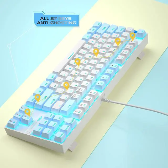 Alt view image 4 of 7 - 75% Mechanical Gaming Keyboard with Red Switch, LED Blue Backlit Keyboard, 87 Keys Compact TKL Wired Computer Keyboard for Windows Laptop PC Gamer - White/Blue