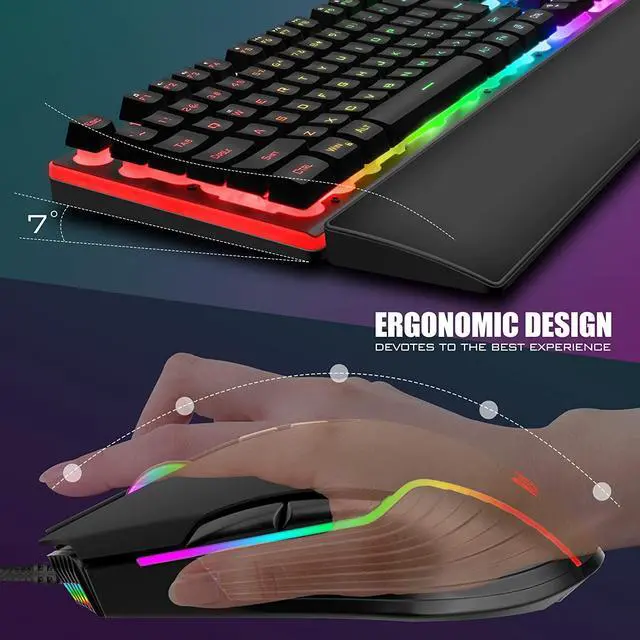 Alt view image 5 of 7 - RedThunder K10 Wired Gaming Keyboard and Mouse and Wrist Rest Combo, RGB Backlit, Mechanical Feel Anti-ghosting Keyboard + 7D 7200 DPI Mice+Soft Leather Wrist Rest 3 in 1 PC Gamer Accessories(Black)
