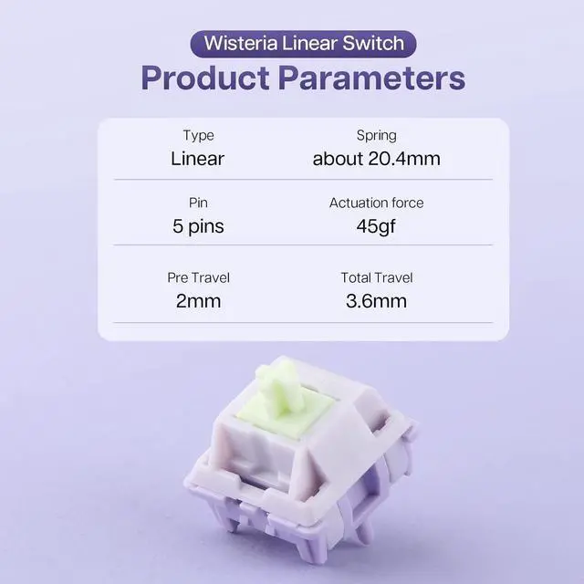 Alt view image 3 of 7 - EPOMAKER Wisteria 39gf Linear Mechanical Keyboard Switches, 5-Pin Pre Lubed Creamy Switch, 30 PCS, with POM PTFE Stem, 20.4mm Spring, Compatible with MX Keycaps for Gaming Keyboard