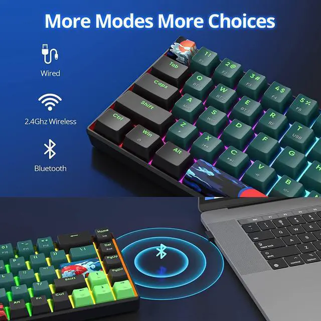Alt view image 3 of 7 - surmen GT68 Wireless Mechanical Gaming Keyboard, Hot Swappable 60% Layout 68 Keys Bluetooth5.0/2.4G/Wired Gaming Keyboard with with Stand-Alone Arrow/Control Keys (Gateron Yellow, Sound Wave 68)