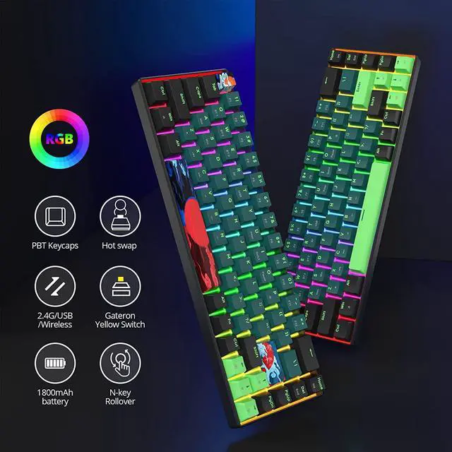 Alt view image 2 of 7 - surmen GT68 Wireless Mechanical Gaming Keyboard, Hot Swappable 60% Layout 68 Keys Bluetooth5.0/2.4G/Wired Gaming Keyboard with with Stand-Alone Arrow/Control Keys (Gateron Yellow, Sound Wave 68)