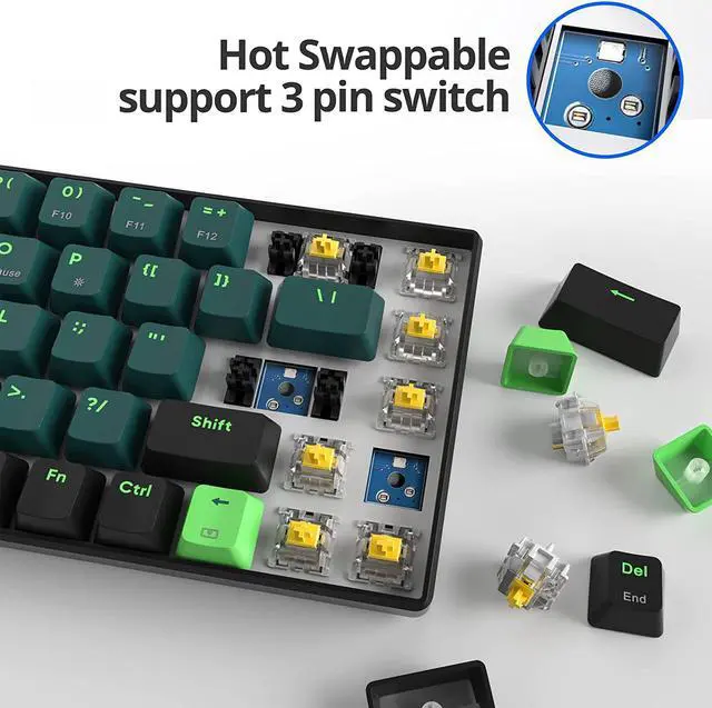 Alt view image 4 of 7 - surmen GT68 Wireless Mechanical Gaming Keyboard, Hot Swappable 60% Layout 68 Keys Bluetooth5.0/2.4G/Wired Gaming Keyboard with with Stand-Alone Arrow/Control Keys (Gateron Yellow, Sound Wave 68)