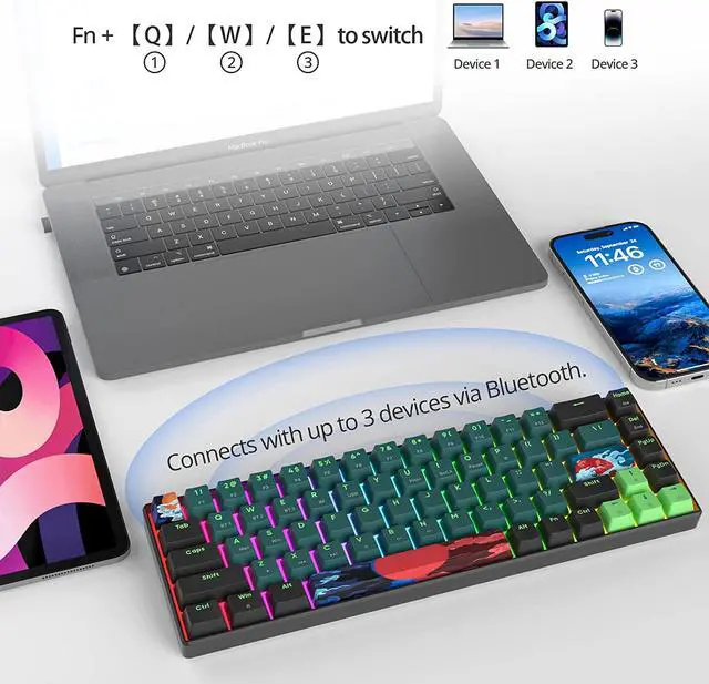 Alt view image 5 of 7 - surmen GT68 Wireless Mechanical Gaming Keyboard, Hot Swappable 60% Layout 68 Keys Bluetooth5.0/2.4G/Wired Gaming Keyboard with with Stand-Alone Arrow/Control Keys (Gateron Yellow, Sound Wave 68)