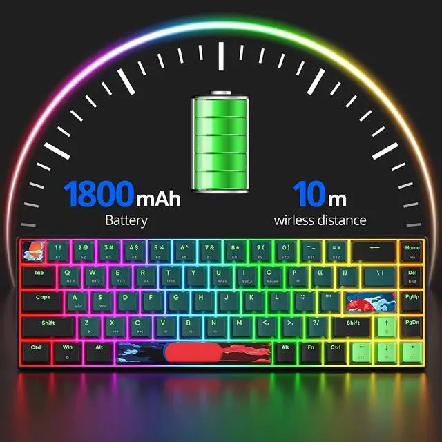 Alt view image 6 of 7 - surmen GT68 Wireless Mechanical Gaming Keyboard, Hot Swappable 60% Layout 68 Keys Bluetooth5.0/2.4G/Wired Gaming Keyboard with with Stand-Alone Arrow/Control Keys (Gateron Yellow, Sound Wave 68)