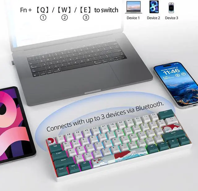 Alt view image 7 of 7 - Fogruaden 60% Wireless Mechanical Keyboard, Hot Swappable USB-C Wired/Bluetooth Keyboard with RGB Backlit for Win/Mac, 61 Keys NKRO Gaming Keyboard, Double Shot PBT Keycaps(Gateron Red Switch, Forest)