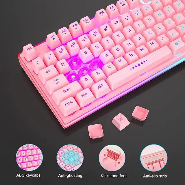 Alt view image 5 of 7 - MageGee GT838 Gaming Keyboard and Mouse Combo, 104 Keys RGB Backlit Quiet Wired Keyboards for Laptop PC MAC, with Number Pad, Metal Panel, Anti-Ghosting, Pink