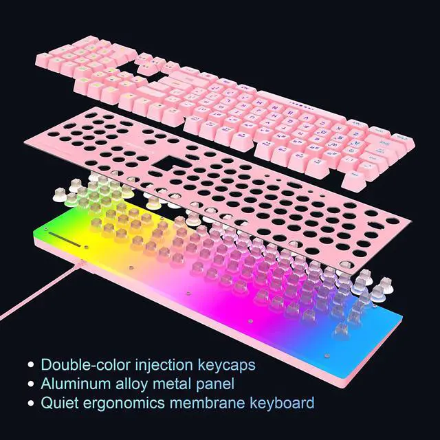 Alt view image 4 of 7 - MageGee GT838 Gaming Keyboard and Mouse Combo, 104 Keys RGB Backlit Quiet Wired Keyboards for Laptop PC MAC, with Number Pad, Metal Panel, Anti-Ghosting, Pink