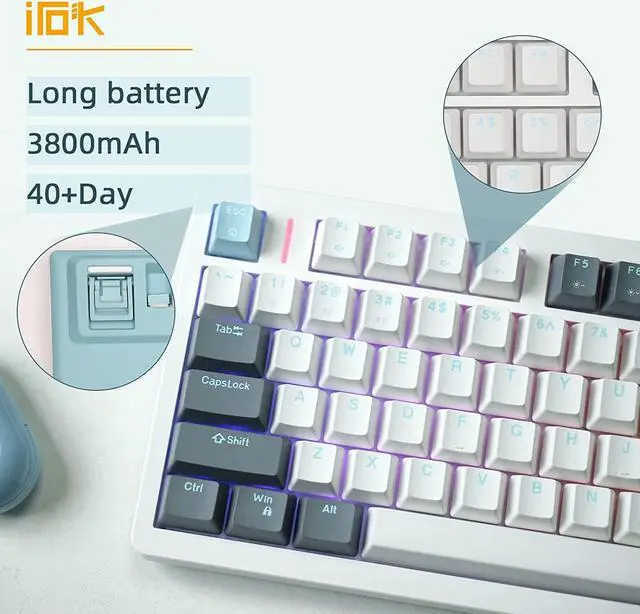 Alt view image 2 of 6 - IROK FE75Pro Wireless RGB Hot Swappable Mechanical Keyboard, Three-Layer Dampening 81 Keys Gaming Keyboard, Customizable Backlit, USB-C/2.4GHz/Bluetooth- White/Blue