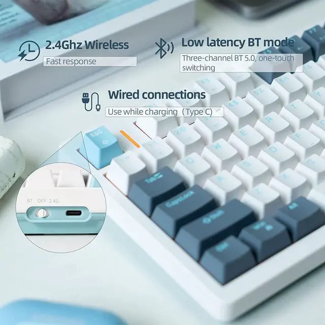 Alt view image 4 of 6 - IROK FE75Pro Wireless RGB Hot Swappable Mechanical Keyboard, Three-Layer Dampening 81 Keys Gaming Keyboard, Customizable Backlit, USB-C/2.4GHz/Bluetooth- White/Blue