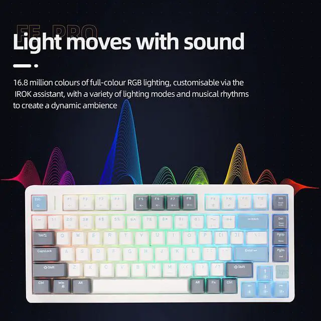 Alt view image 6 of 6 - IROK FE75Pro Wireless RGB Hot Swappable Mechanical Keyboard, Three-Layer Dampening 81 Keys Gaming Keyboard, Customizable Backlit, USB-C/2.4GHz/Bluetooth- White/Blue