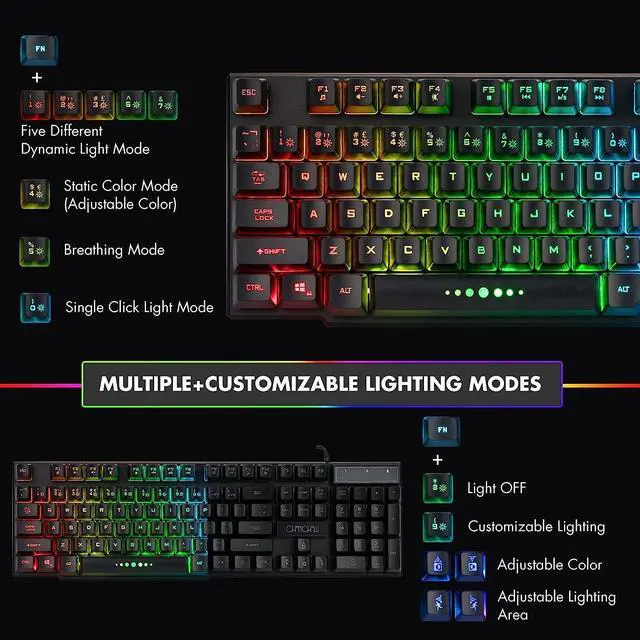 Alt view image 3 of 6 - Wired Gaming Keyboard for Mac PC PS5 PS4 Xbox One Gamers RGB Backlit | LED Mechanical Feel Keyboard with Multimedia Keys Number Pad, 104 Keys USB Desktop Computer Windows Keyboards (Black)