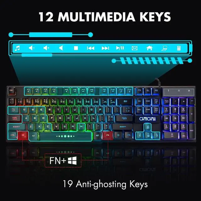 Alt view image 4 of 6 - Wired Gaming Keyboard for Mac PC PS5 PS4 Xbox One Gamers RGB Backlit | LED Mechanical Feel Keyboard with Multimedia Keys Number Pad, 104 Keys USB Desktop Computer Windows Keyboards (Black)