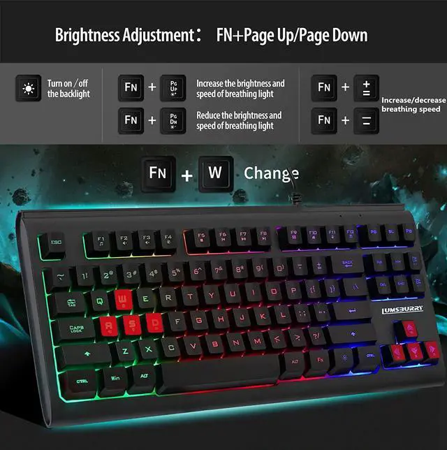 Alt view image 3 of 7 - Rainbow LED Backlit 87 Keys Gaming Keyboard Compact Keyboard with 12 Multimedia Shortcut Keys USB Wired Keyboard for PC Gamers Office