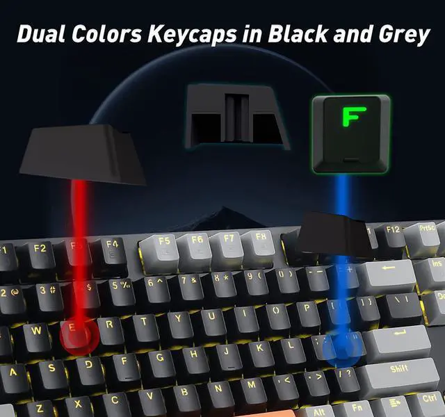 Alt view image 6 of 7 - E-YOOSO Z-14 Mechanical Gaming Keyboard Red Switches 104 Key, Mechanical Keyboard Solid Yellow Backlit, Full-Size Computer Keyboards for Office PC Gamer, Black&Grey