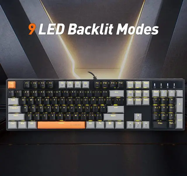 Alt view image 4 of 7 - E-YOOSO Z-14 Mechanical Gaming Keyboard Red Switches 104 Key, Mechanical Keyboard Solid Yellow Backlit, Full-Size Computer Keyboards for Office PC Gamer, Black&Grey