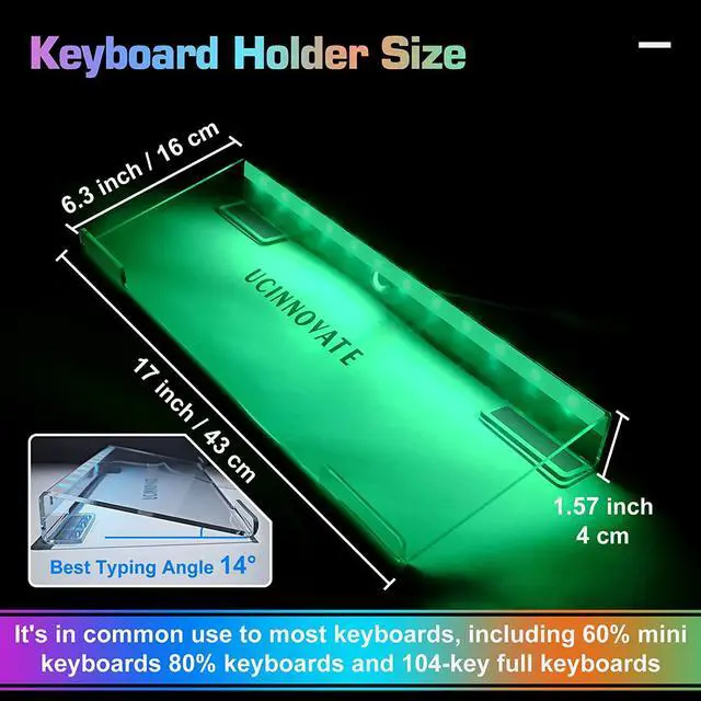 Alt view image 4 of 6 - UCINNOVATE RGB Acrylic Computer Keyboard Stand, LED Backlit Keyboard Stand Tray, Gaming Keyboard USB Interface Titled Keyboard Stand for Easy Ergonomic Typing and Working Office Desk, Home, School