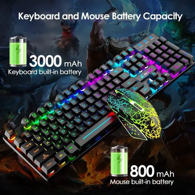 Alt view image 5 of 6 - Wireless Gaming Keyboard and Mouse Combo Rainbow Backlight Quiet Ergonomic Mechanical Feeling Anti-ghosting Keyboard Mouse with Rechargeable 4000mAh Battery Mouse Pad for Computer Mac Gamer