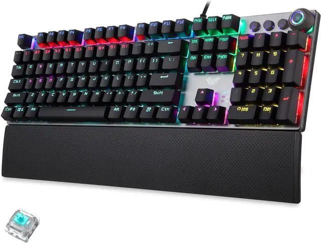 Main image of AULA F2088 Mechanical Gaming Keyboard, with RGB Rainbow Backlit, Volume/Lights Control Knob, Magnetic Wrist Rest, 104 Keys Anti-Ghosting USB Wired Computer Keyboard for Windows Gaming PC (Blue Switch)