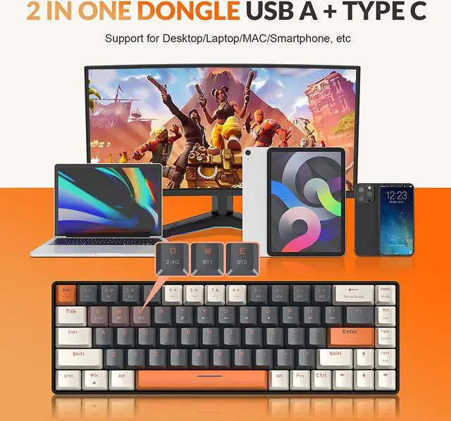 Alt view image 3 of 7 - MAGIC-REFINER 60% Wireless Mechanical Keyboard, Bluetooth 5.0/2.4GHz with Dual Mode 2-in-1 Receiver, Compact 68-Key Hot Swappable Ergonomic Gaming Keyboard, Clicky Blue Switch for PC Mac Smartphone