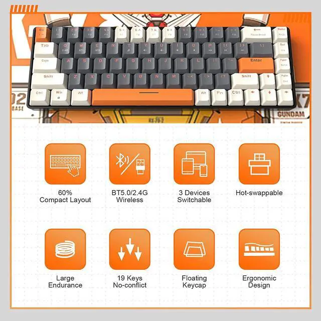 Alt view image 2 of 7 - MAGIC-REFINER 60% Wireless Mechanical Keyboard, Bluetooth 5.0/2.4GHz with Dual Mode 2-in-1 Receiver, Compact 68-Key Hot Swappable Ergonomic Gaming Keyboard, Clicky Blue Switch for PC Mac Smartphone