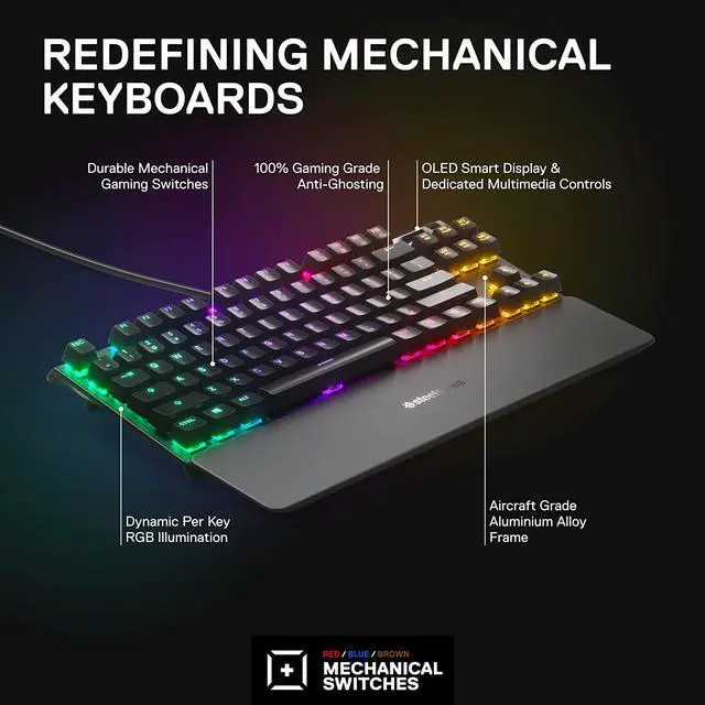 Alt view image 3 of 7 - SteelSeries Apex 7 TKL Compact Mechanical Gaming Keyboard  OLED Smart Display  USB Passthrough and Media Controls  Linear and Quiet  RGB Backlit (Red Switch)