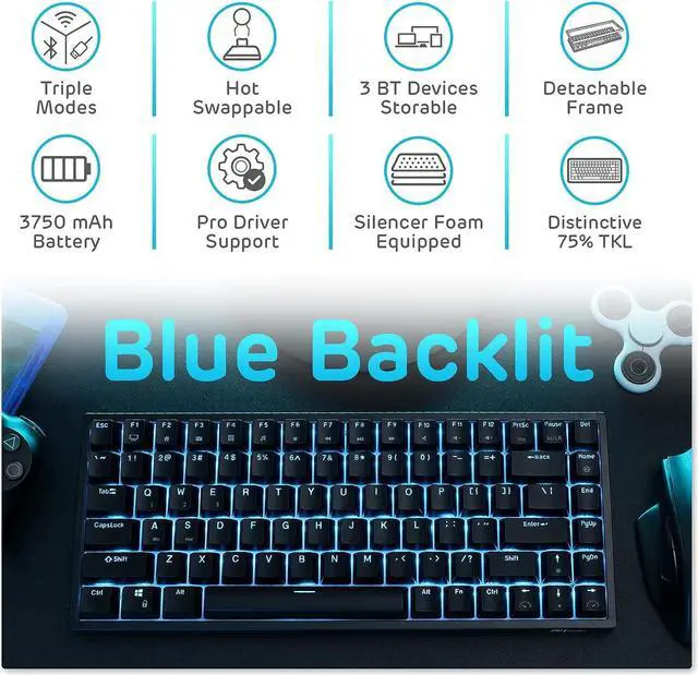 Alt view image 2 of 7 - RK ROYAL KLUDGE RK84 Blue Backlit 75% Triple Mode BT5.0/2.4G/USB-C Hot Swappable Mechanical Keyboard, 84 Keys Tenkeyless Mechanical Keyboard w/Detachable Frame & Programmable Software, Blue Switch
