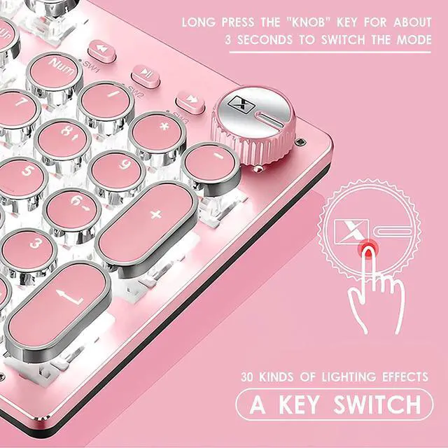 Alt view image 2 of 6 - Basaltech Pink Mechanical Gaming Keyboard Retro Steampunk Vintage Typewriter Style Keyboard 104 Keys Anti-Ghosting Blue Switches with LED Backlight Wired USB Metal Panel Round keycap (Pink -SK)