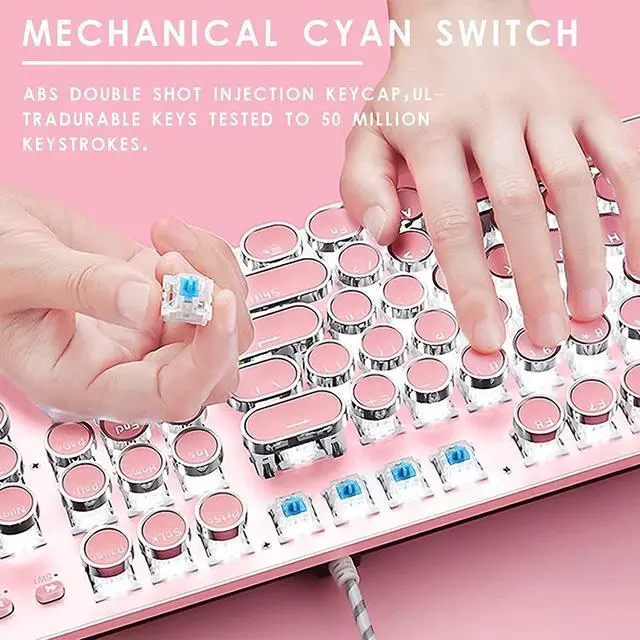 Alt view image 3 of 6 - Basaltech Pink Mechanical Gaming Keyboard Retro Steampunk Vintage Typewriter Style Keyboard 104 Keys Anti-Ghosting Blue Switches with LED Backlight Wired USB Metal Panel Round keycap (Pink -SK)