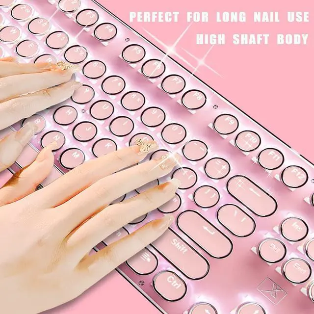 Alt view image 5 of 6 - Basaltech Pink Mechanical Gaming Keyboard Retro Steampunk Vintage Typewriter Style Keyboard 104 Keys Anti-Ghosting Blue Switches with LED Backlight Wired USB Metal Panel Round keycap (Pink -SK)