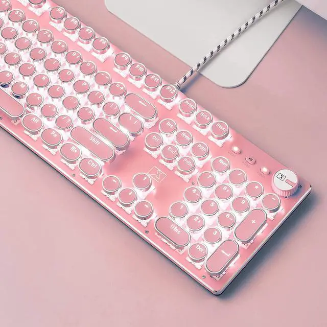 Alt view image 6 of 6 - Basaltech Pink Mechanical Gaming Keyboard Retro Steampunk Vintage Typewriter Style Keyboard 104 Keys Anti-Ghosting Blue Switches with LED Backlight Wired USB Metal Panel Round keycap (Pink -SK)