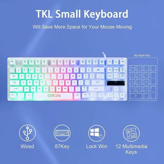 Alt view image 2 of 6 - CHONCHOW 87 Keys TKL Wired Gaming Keyboard, Rainbow Led Backlight, White Keyboard and Mouse 3200DPI Combo Compatible with PC Laptop Ps4 Ps5 Xbox Gamer