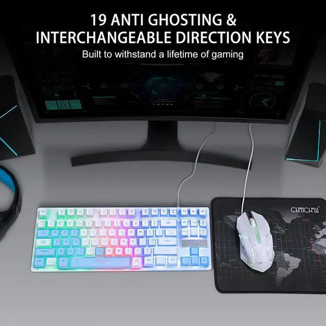 Alt view image 6 of 6 - CHONCHOW 87 Keys TKL Wired Gaming Keyboard, Rainbow Led Backlight, White Keyboard and Mouse 3200DPI Combo Compatible with PC Laptop Ps4 Ps5 Xbox Gamer
