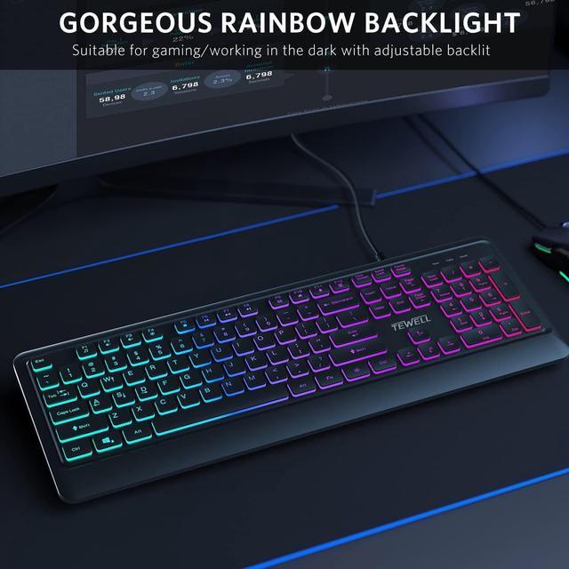 TEWELL Rainbow Membrane Gaming Keyboard, 104 Silent  26 Anti-Ghosting Keys  Wired Computer Keyboard for PC and Desktop Keyboards