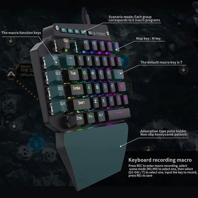 Alt view image 5 of 7 - K-700 One Handed Mechanical Gaming Keyboard with RGB Led Backlit, Black switches, Macro Keys, Detachable Palm Rest, USB C Cable, 44-Key for LOL/Wow/Dota 2 / PUBG/CF