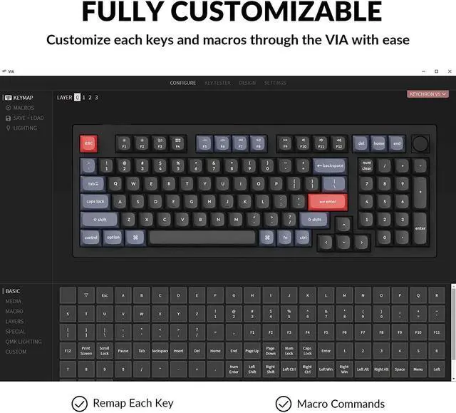 Alt view image 2 of 7 - Keychron V5 Wired Custom Mechanical Keyboard Knob Version, 96% Layout QMK/VIA Programmable with Hot-swappable Keychron K Pro Red Switch Compatible with Mac Windows Linux Black (Non-Transparent)