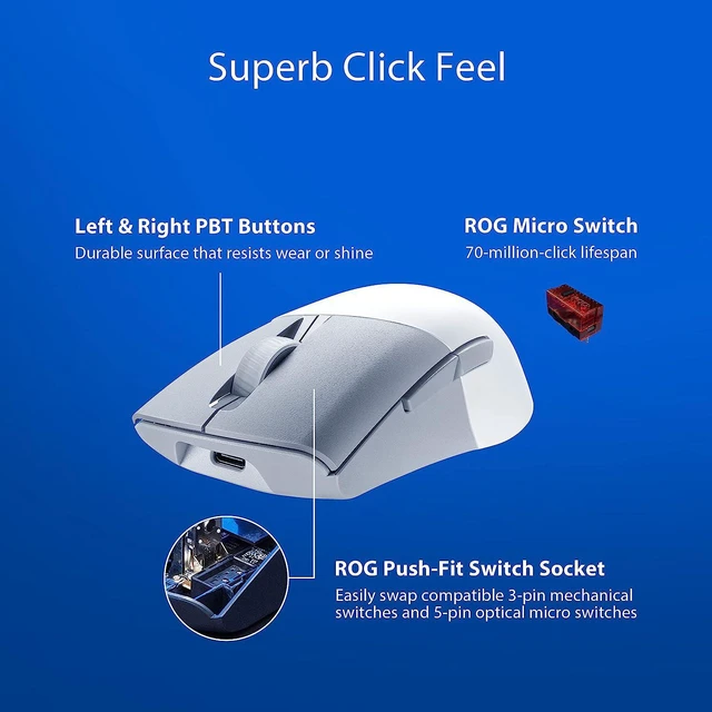 Alt view image 5 of 7 - ROG Keris Wireless Aimpoint Gaming Mouse Right-Handed Ergonomic, 75g, Tri-Mode, 42K DPI, up to 119Hr Battery, PC/Mac Support (White)