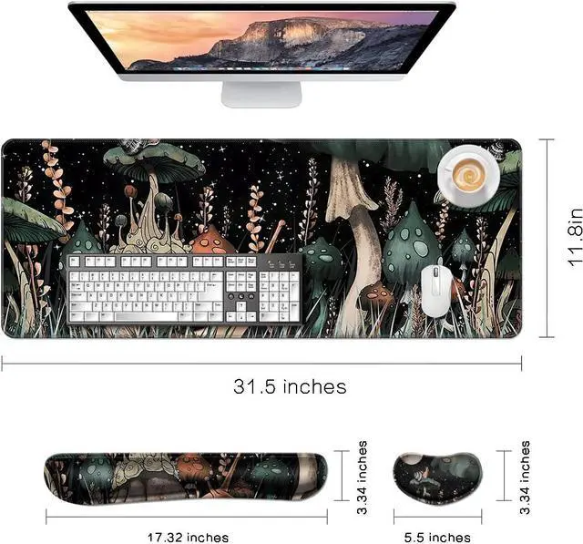 Alt view image 5 of 6 - MIBITRI Keyboard Mouse Pad Set, Extended Gaming Mouse Pad+Ergonomics Keyboard Wrist Rest Support, Memory Foam, Easy Typing Pain Relief, 4Pcs XXL Ultra Thick Desk Mat, Snails and Mushroom