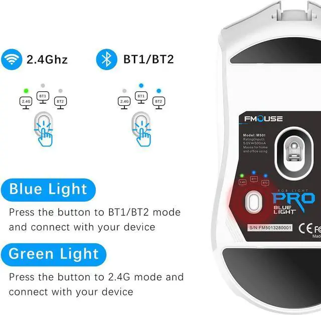 Alt view image 2 of 7 - FMOUSE Wireless Gaming Mouse for Laptop, Ergonomic Bluetooth Mouse with Tri-Mode (Dual Bluetooth + 2.4GHz) 4000 DPI USB C Rechargeable Silent Mice for PC Computer Desktop (White)
