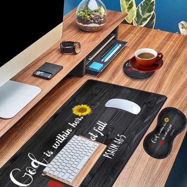 Alt view image 3 of 6 - Extended Game Mouse Pad + Wrist Support Pad + Coaster Set, Waterproof Anti-Skid Rubber Base Mouse Pad, Suitable for Games and Office, Bible Verse Psalm 46:5