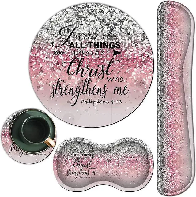 Main image of Mouse Pad + Keyboard Wrist Rest + Mouse Wrist Rest Support Set + Coaster, Ergonomic Memory Foam Mouse and Keyboard Pad Set for Laptop Computer Office Home Working Gaming - Pink Glitter Bible