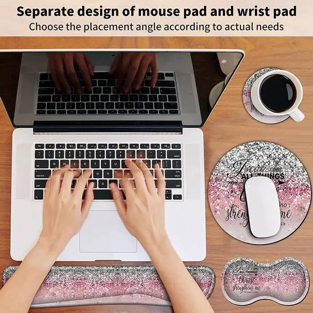 Alt view image 6 of 7 - Mouse Pad + Keyboard Wrist Rest + Mouse Wrist Rest Support Set + Coaster, Ergonomic Memory Foam Mouse and Keyboard Pad Set for Laptop Computer Office Home Working Gaming - Pink Glitter Bible
