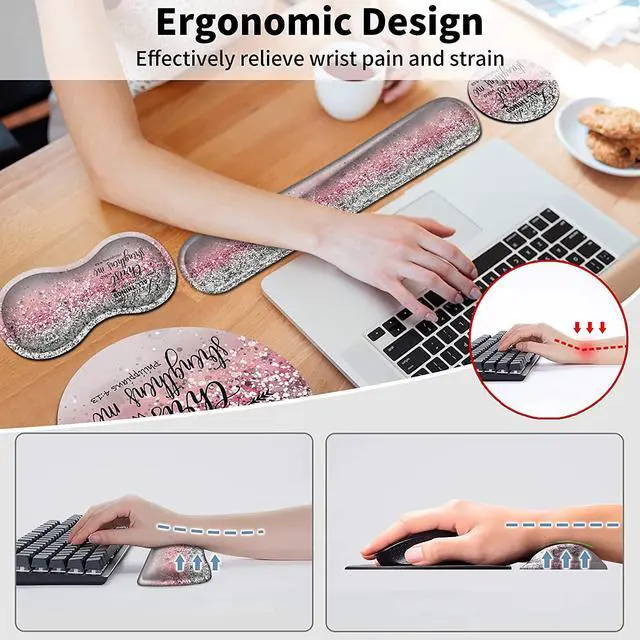 Alt view image 5 of 7 - Mouse Pad + Keyboard Wrist Rest + Mouse Wrist Rest Support Set + Coaster, Ergonomic Memory Foam Mouse and Keyboard Pad Set for Laptop Computer Office Home Working Gaming - Pink Glitter Bible