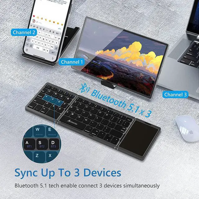 Alt view image 2 of 7 - Acoucou Foldable Bluetooth Keyboard with Touchpad Portable Wireless (Sync Up to 3 Devices), Rechargeable Mini Wireless Bluetooth Tri-Folding Keyboard for Android iOS Windows Tablets