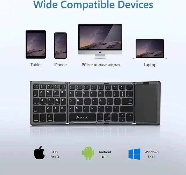 Alt view image 4 of 7 - Acoucou Foldable Bluetooth Keyboard with Touchpad Portable Wireless (Sync Up to 3 Devices), Rechargeable Mini Wireless Bluetooth Tri-Folding Keyboard for Android iOS Windows Tablets