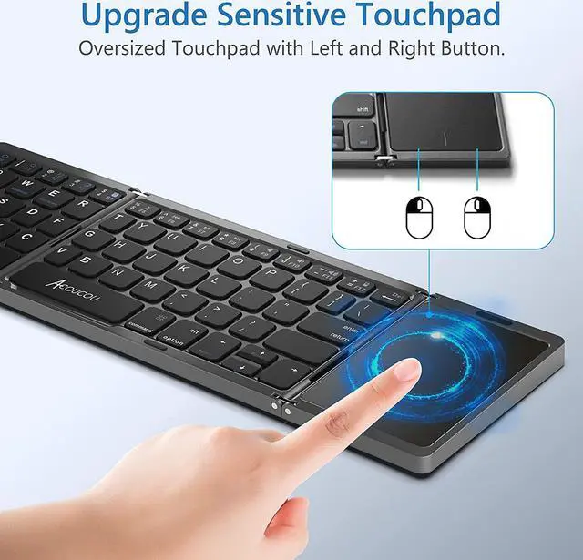 Alt view image 3 of 7 - Acoucou Foldable Bluetooth Keyboard with Touchpad Portable Wireless (Sync Up to 3 Devices), Rechargeable Mini Wireless Bluetooth Tri-Folding Keyboard for Android iOS Windows Tablets